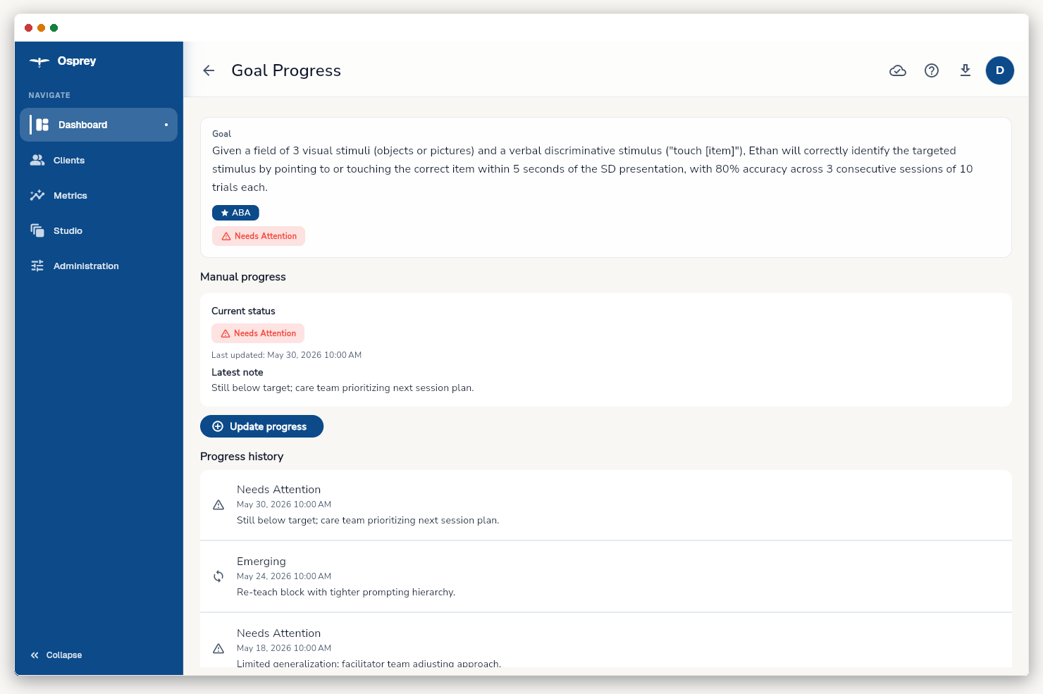 Goal progress chart for Sofia Reyes showing independent responding rising 20, 50, 70 percent across three sessions toward an 80-percent mastery criterion.