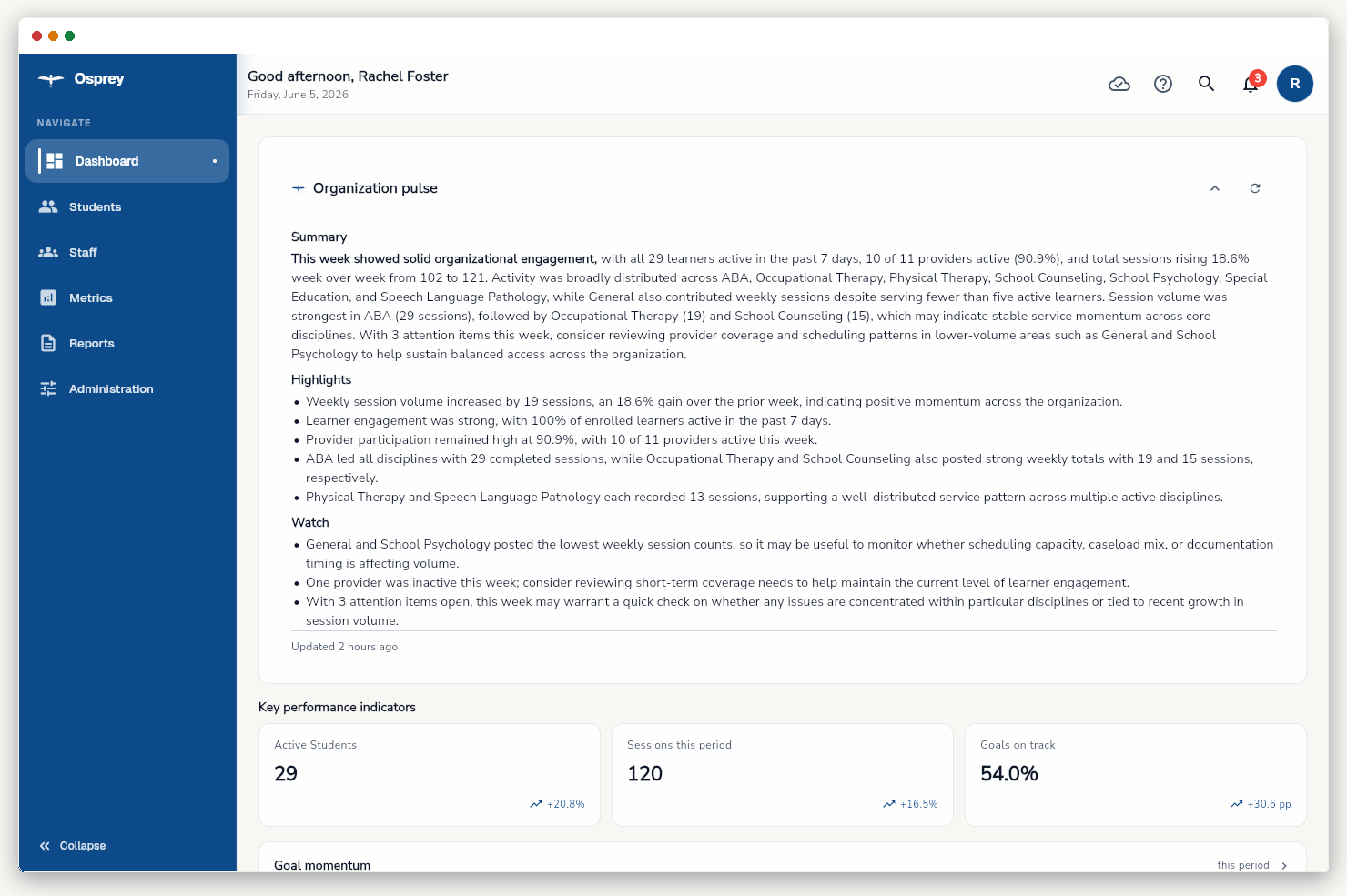 District-level dashboard showing compliance timelines, service-delivery rates, and caseload distribution.