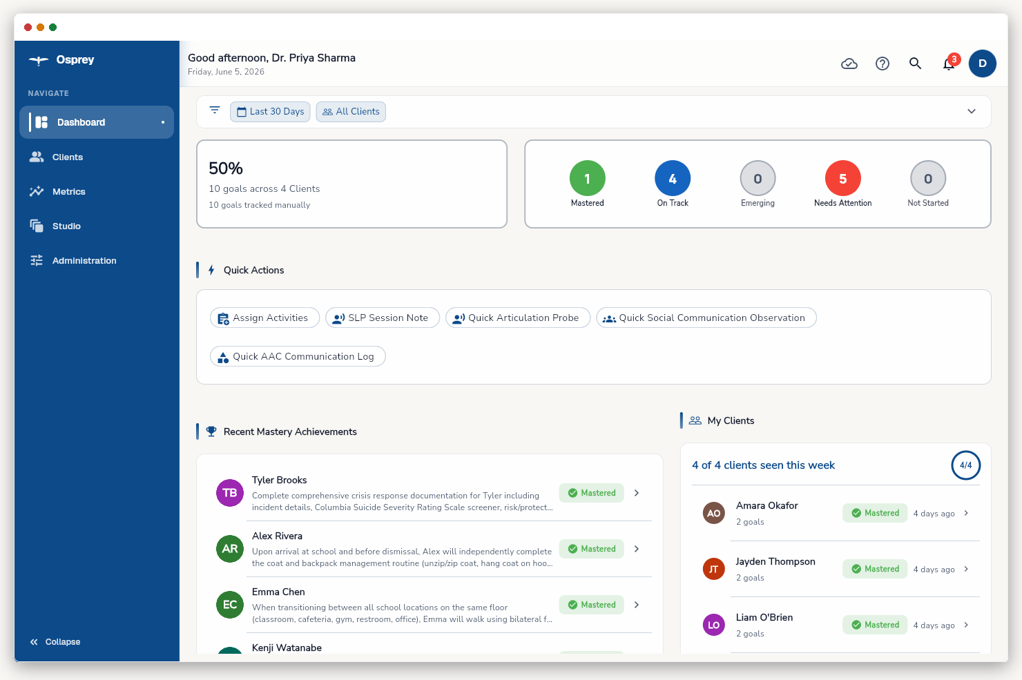 Practitioner dashboard for an itinerant therapist showing a full caseload and the day's sessions.