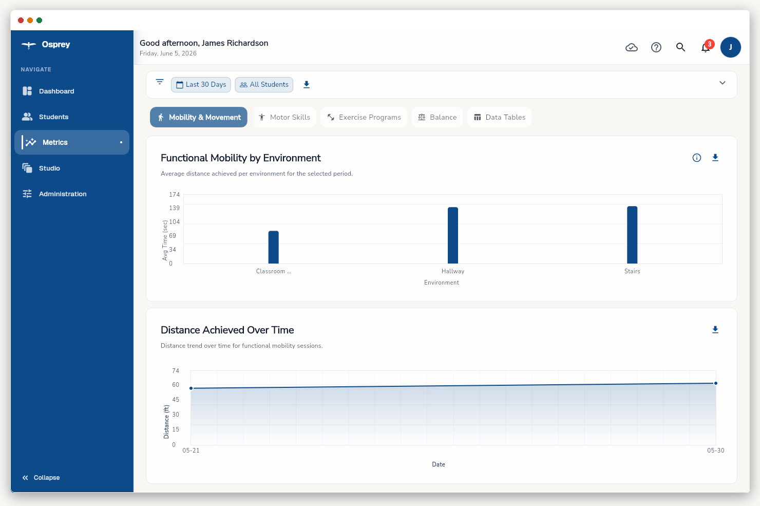 PT metrics tabs summarizing functional mobility, balance, and endurance outcomes.